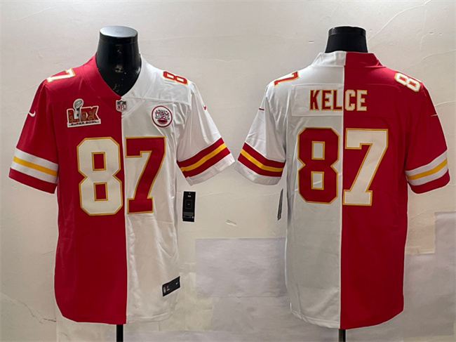 Kansas City Chiefs #87 Travis Kelce Red & White Split 2025 Super Bowl LIX Patch Vapor Limited Stitched Football Jersey