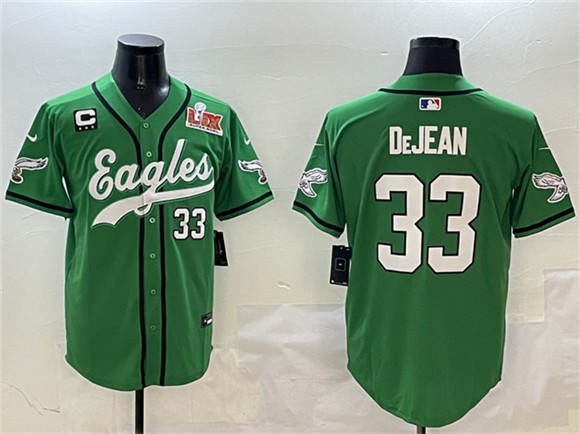 Philadelphia Eagles #33 Cooper DeJean Green 2025 Super Bowl LIX And 3-Star C Patch Stitched Baseball Jersey