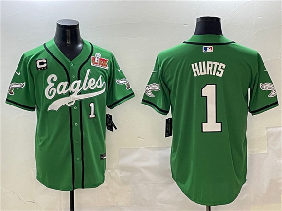 Philadelphia Eagles #1 Jalen Hurts Green 2025 Super Bowl LIX And 3-Star C Patch Stitched Baseball Jersey