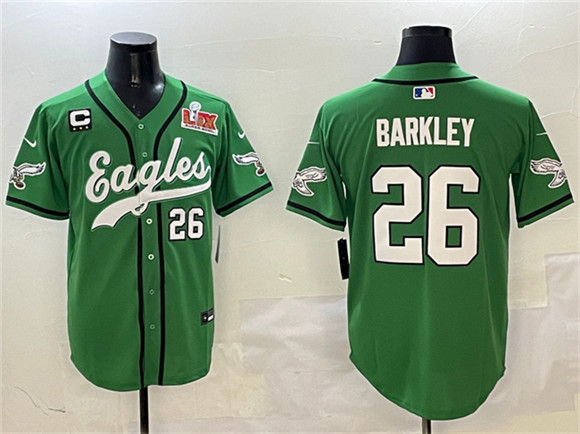 Philadelphia Eagles #26 Saquon Barkley Green 2025 Super Bowl LIX And 3-Star C Patch Stitched Baseball Jersey