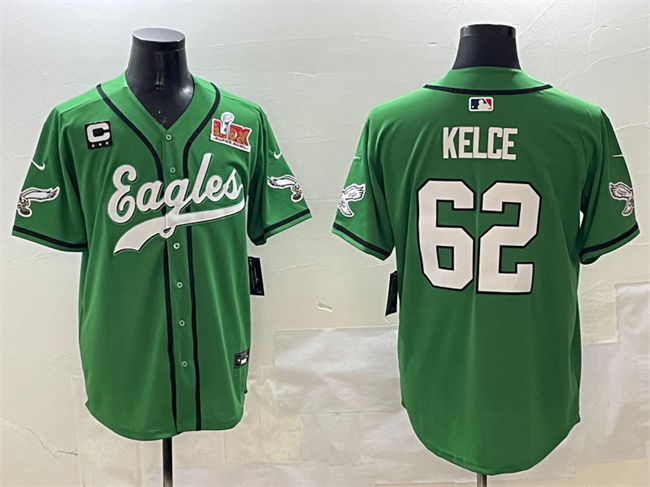 Philadelphia Eagles #62 Jason Kelce Green 2025 Super Bowl LIX And 3-Star C Patch Stitched Baseball Jersey