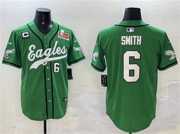 Philadelphia Eagles #6 DeVonta Smith Green 2025 Super Bowl LIX And 3-Star C Patch Stitched Baseball Jersey