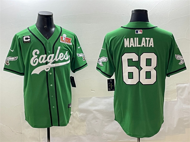 Philadelphia Eagles #68 Jordan Mailata Green 2025 Super Bowl LIX And 3-Star C Patch Stitched Baseball Jersey