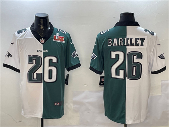 Philadelphia Eagles #26 Saquon Barkley White & Green Split 2025 Super Bowl LIX Patch Vapor Untouchable Limited Football Stitched Jersey