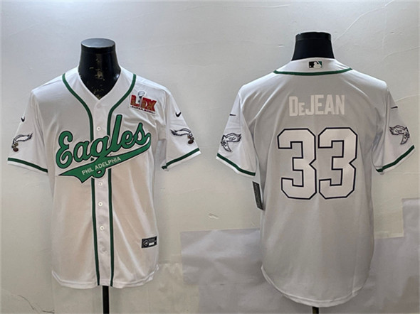Philadelphia Eagles #33 Cooper DeJean White 2025 Super Bowl LIX Patch Cool Base Stitched Baseball Jersey
