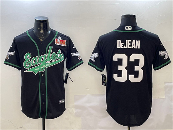 Philadelphia Eagles #33 Cooper DeJean Black 2025 Super Bowl LIX Patch Cool Base Stitched Baseball Jersey