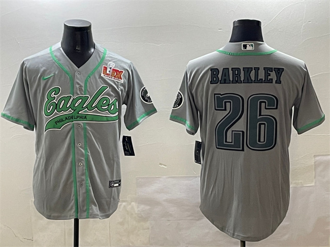 Philadelphia Eagles #26 Saquon Barkley Gray 2025 Super Bowl LIX Patch Cool Base Stitched Baseball Jersey