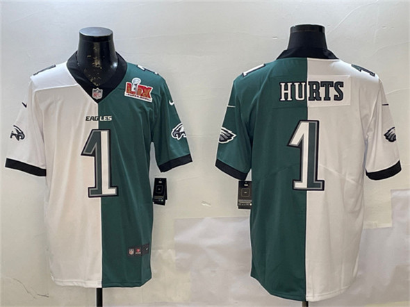 Philadelphia Eagles #1 Jalen Hurts White & Green Split 2025 Super Bowl LIX Patch Vapor Untouchable Limited Football Stitched Jersey