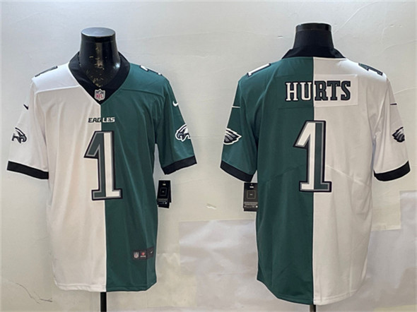 Philadelphia Eagles #1 Jalen Hurts White & Green Split Vapor Untouchable Limited Football Stitched Jersey