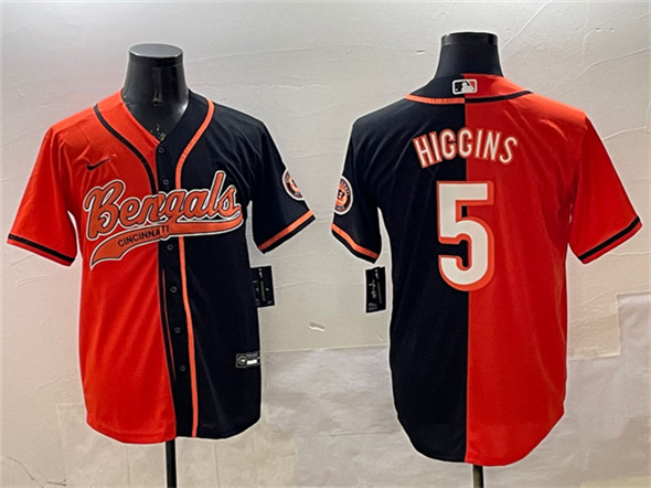 Cincinnati Bengals #5 Tee Higgins Orange Black Split With Patch Cool Base Stitched Jersey