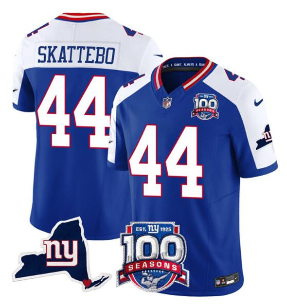 New York Giants #44 Cam Skattebo Royal White 2025 Draft F.U.S.E. 100th Season & State Patch Vapor Limited Football Stitched Jersey New York Giants #44 Cam Skattebo Royal White 2025 Draft F.U.S.E. 100th Season & State Patch Vapor Limited Football Stitched Jersey