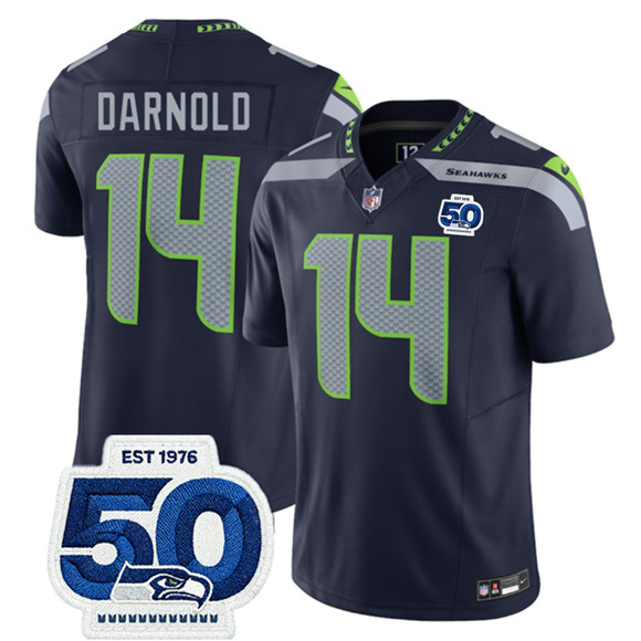 Seattle Seahawks #14 Sam Darnold Navy 2025 F.U.S.E. 50th Anniversary Patch Vapor Limited Football Stitched Jersey Seattle Seahawks #14 Sam Darnold Navy 2025 F.U.S.E. 50th Anniversary Patch Vapor Limited Football Stitched Jersey