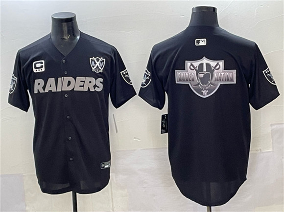 Las Vegas Raiders Team Big Logo Black With Nevada Silver Stat Patch And 65th Anniversary Patch 3-Star C Patch Stitched Baseball Jersey