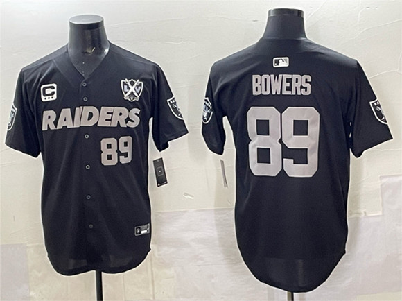 Las Vegas Raiders #89 Brock Bowers Black With Nevada Silver Stat Patch And 65th Anniversary Patch 3-Star C Patch Stitched Baseball Jersey