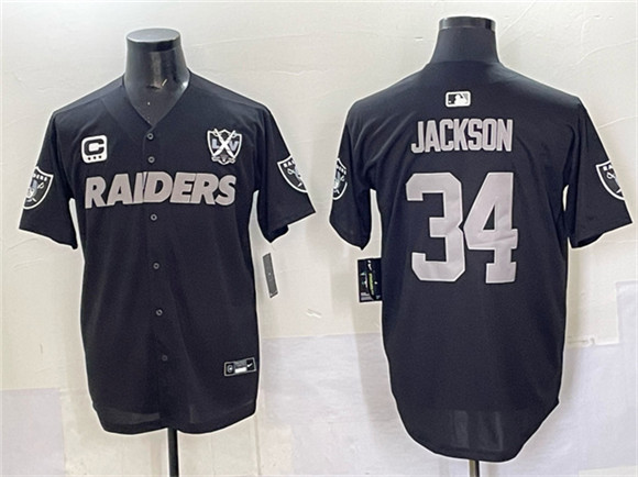 Las Vegas Raiders #34 Bo Jackson Black With Nevada Silver Stat Patch And 65th Anniversary Patch 3-Star C Patch Stitched Baseball Jersey