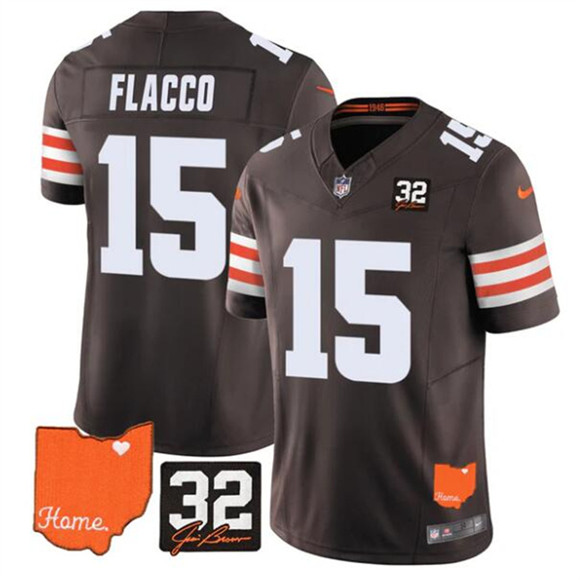 Cleveland Browns #15 Joe Flacco Brown 2025 F.U.S.E. With Jim Brown Memorial & Home Patch Vapor Limited Football Stitched Jersey Cleveland Browns #15 Joe Flacco Brown 2025 F.U.S.E. With Jim Brown Memorial & Home Patch Vapor Limited Football Stitched Jersey