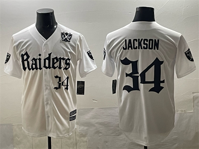 Las Vegas Raiders #34 Bo Jackson White 'Gothic Sin City Shadows Edition' With 65th Anniversary Patch Vapor Limited Stitched Baseball Jersey