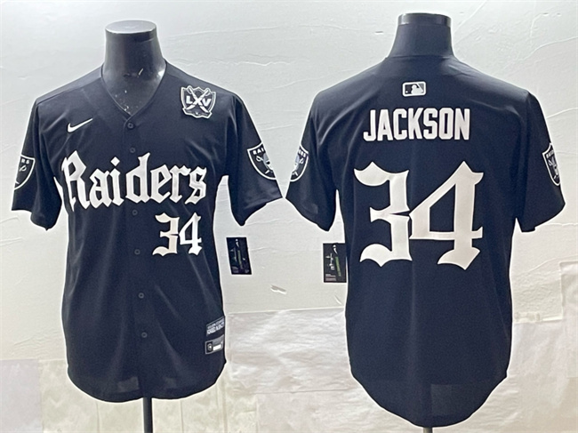 Las Vegas Raiders #34 Bo Jackson Black 'Gothic Sin City Shadows Edition' With 65th Anniversary Patch Vapor Limited Stitched Baseball Jersey