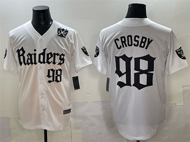 Las Vegas Raiders #98 Maxx Crosby White 'Gothic Sin City Shadows Edition' With 65th Anniversary Patch Vapor Limited Stitched Baseball Jersey