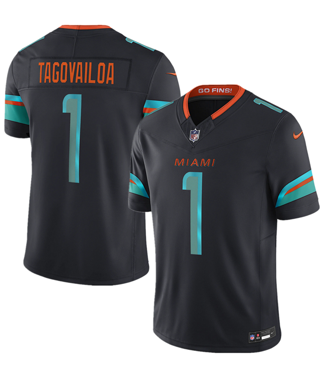 Miami Dolphins #1 Tua Tagovailoa Black 2025 F.U.S.E. ??Rivalries?? Vapor Limited Stitched Football Jersey
