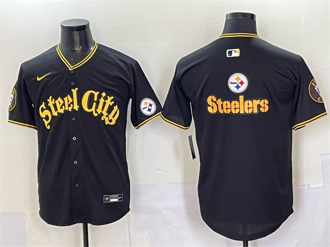 Pittsburgh Steelers Team Big Logo Black 412 Patch Vapor Premier Limited Stitched Baseball Jersey