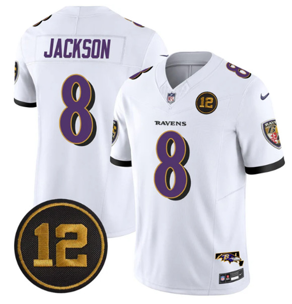 Baltimore Ravens #8 Lamar Jackson White 2025 F.U.S.E Jacoby Jones Patch Vapor Limited Football Jersey