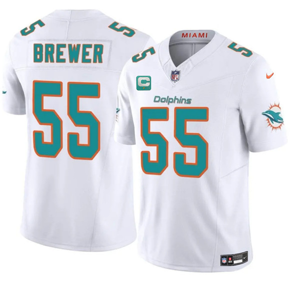 Miami Dolphins #55 Aaron Brewer White 2025 F.U.S.E. With 1-Star C Patch Vapor Limited Football Stitched Jersey Miami Dolphins #55 Aaron Brewer White 2025 F.U.S.E. With 1-Star C Patch Vapor Limited Football Stitched Jersey
