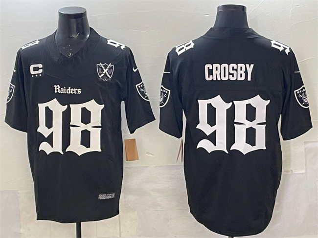 Las Vegas Raiders #98 Maxx Crosby Black F.U.S.E. Gothic Sin City Shadows Edition With 65th Anniversary 3-Star C Patch Vapor Untouchable Limited Stitched Football Jersey