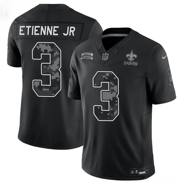New Orleans Saints #3 Travis Etienne Jr Black F.U.S.E. 2026 Salute to Service Limited Football Stitched Jersey New Orleans Saints #3 Travis Etienne Jr Black F.U.S.E. 2026 Salute to Service Limited Football Stitched Jersey