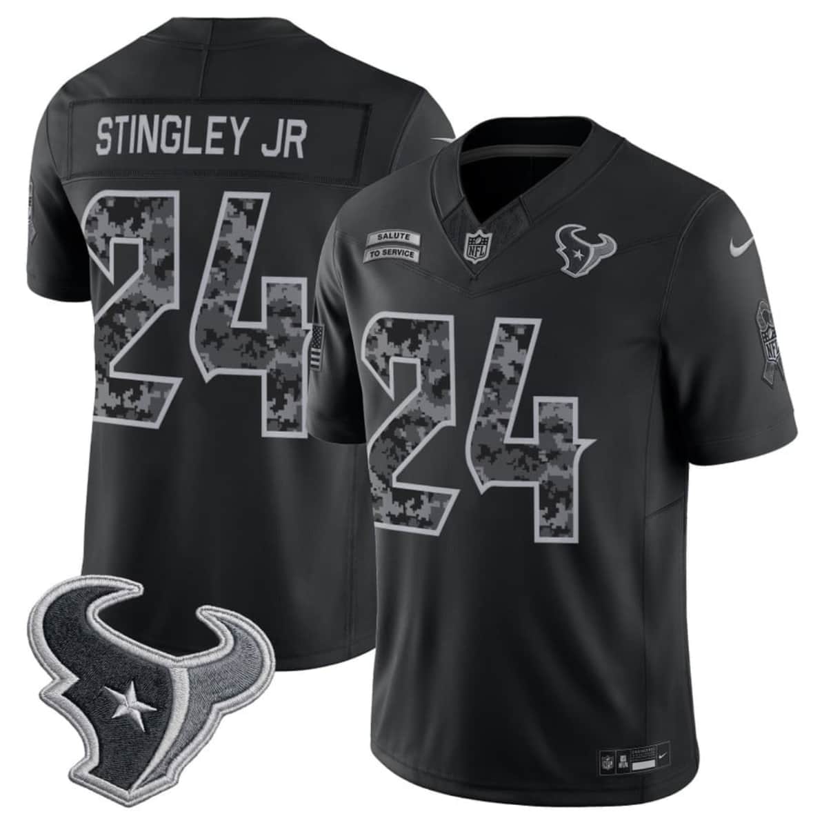 Houston Texans #24 Derek Stingley Jr. Black F.U.S.E. 2026 Salute to Service Limited Football Stitched Jersey Houston Texans #24 Derek Stingley Jr. Black F.U.S.E. 2026 Salute to Service Limited Football Stitched Jersey