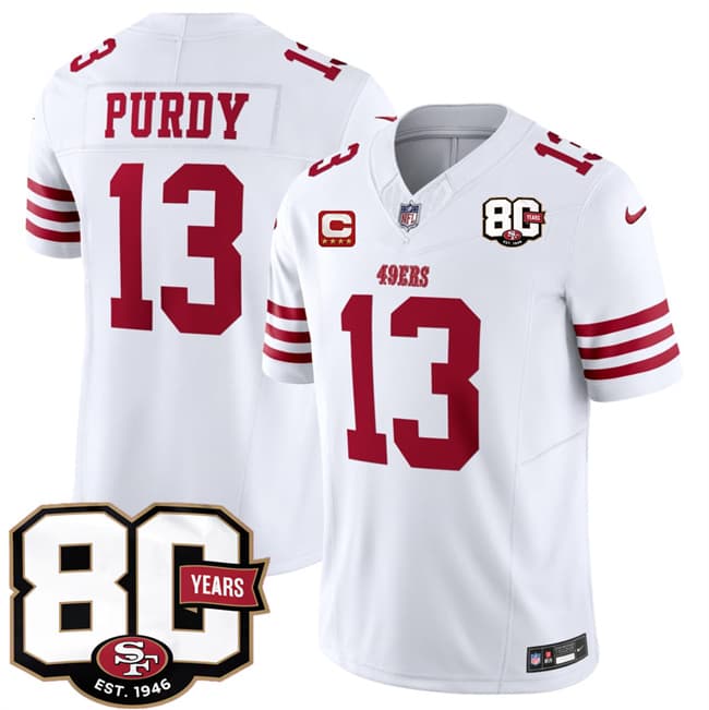 San Francisco 49ers #13 Brock Purdy White 2026 F.U.S.E. With 80th Anniversary & 4-Star C Patch Vapor Untouchable Limited Football Stitched Jersey San Francisco 49ers #13 Brock Purdy White 2026 F.U.S.E. With 80th Anniversary & 4-Star C Patch Vapor Untouchable Limited Football Stitched Jersey