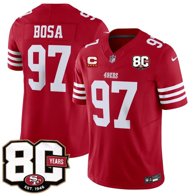San Francisco 49ers #97 Nick Bosa Red 2026 F.U.S.E. With 80th Anniversary & 4-Star C Patch Vapor Untouchable Limited Football Stitched Jersey