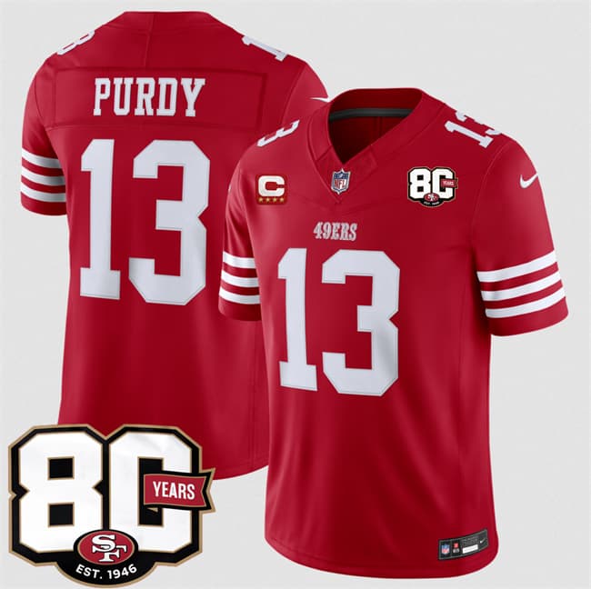 San Francisco 49ers #13 Brock Purdy Red 2026 F.U.S.E. With 80th Anniversary & 4-Star C Patch Vapor Untouchable Limited Football Stitched Jersey San Francisco 49ers #13 Brock Purdy Red 2026 F.U.S.E. With 80th Anniversary & 4-Star C Patch Vapor Untouchable Limited Football Stitched Jersey