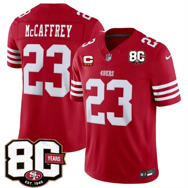 San Francisco 49ers #23 Christian McCaffrey Red 2026 F.U.S.E. With 80th Anniversary & 3-Star C Patch Vapor Untouchable Limited Football Stitched Jersey