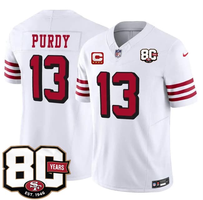 San Francisco 49ers #13 Brock Purdy New White 2026 F.U.S.E. With 80th Anniversary & 4-Star C Patch Vapor Untouchable Limited Football Stitched Jersey San Francisco 49ers #13 Brock Purdy New White 2026 F.U.S.E. With 80th Anniversary & 4-Star C Patch Vapor Untouchable Limited Football Stitched Jersey