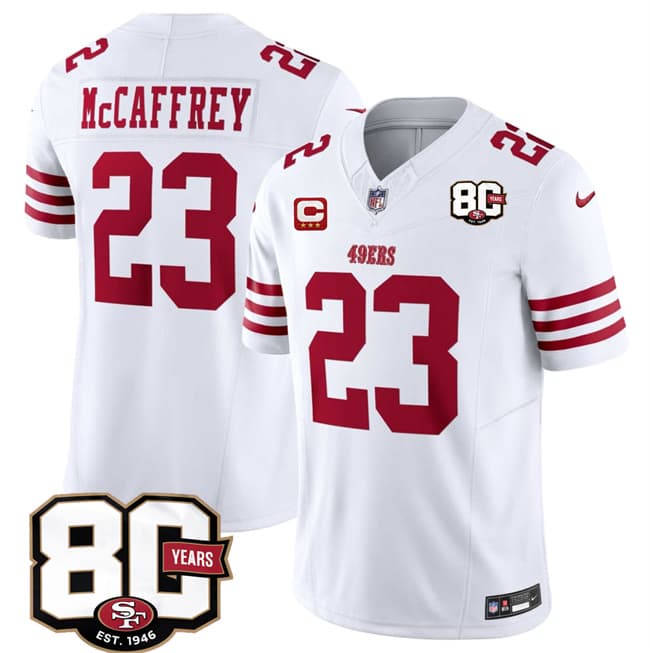 San Francisco 49ers #23 Christian McCaffrey White 2026 F.U.S.E. With 80th Anniversary & 3-Star C Patch Vapor Untouchable Limited Football Stitched Jersey San Francisco 49ers #23 Christian McCaffrey White 2026 F.U.S.E. With 80th Anniversary & 3-Star C Patch Vapor Untouchable Limited Football Stitched Jersey