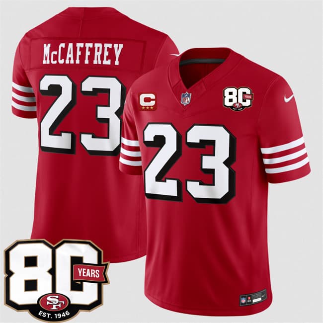 San Francisco 49ers #23 Christian McCaffrey New Red 2026 F.U.S.E. With 80th Anniversary & 3-Star C Patch Vapor Untouchable Limited Football Stitched Jersey San Francisco 49ers #23 Christian McCaffrey New Red 2026 F.U.S.E. With 80th Anniversary & 3-Star C Patch Vapor Untouchable Limited Football Stitched Jersey