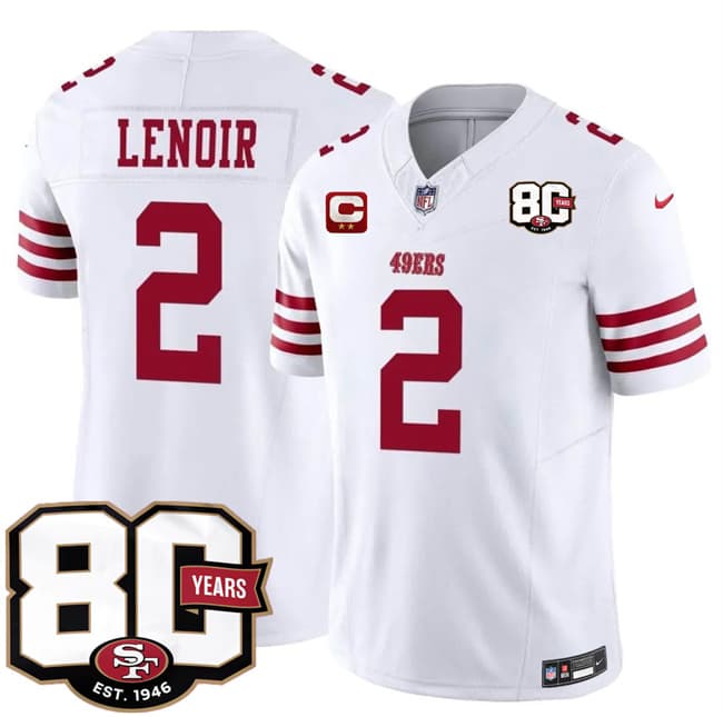 San Francisco 49ers #2 Deommodore Lenoir White 2026 F.U.S.E. With 80th Anniversary & 2-Star C Patch Vapor Untouchable Limited Stitched Football Jersey San Francisco 49ers #2 Deommodore Lenoir White 2026 F.U.S.E. With 80th Anniversary & 2-Star C Patch Vapor Untouchable Limited Stitched Football Jersey