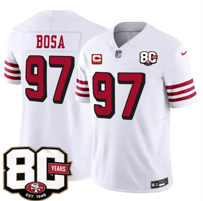 San Francisco 49ers #97 Nick Bosa New White 2026 F.U.S.E. With 80th Anniversary & 4-Star C Patch Vapor Untouchable Limited Football Stitched Jersey