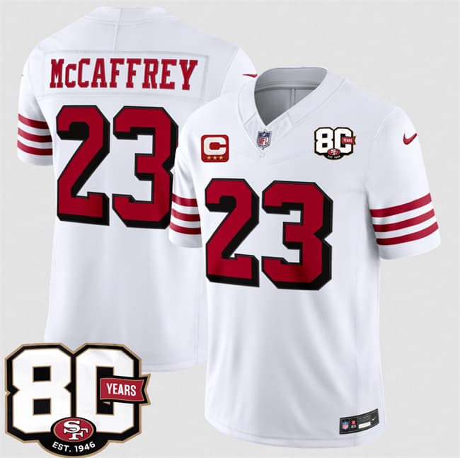 San Francisco 49ers #23 Christian McCaffrey New White 2026 F.U.S.E. With 80th Anniversary & 3-Star C Patch Vapor Untouchable Limited Football Stitched Jersey