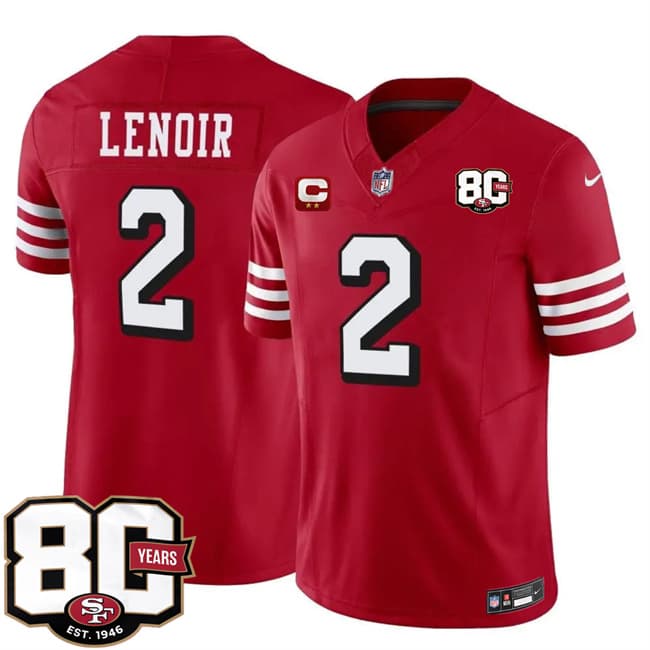San Francisco 49ers #2 Deommodore Lenoir New Red 2026 F.U.S.E. With 80th Anniversary & 2-Star C Patch Vapor Untouchable Limited Stitched Football Jersey San Francisco 49ers #2 Deommodore Lenoir New Red 2026 F.U.S.E. With 80th Anniversary & 2-Star C Patch Vapor Untouchable Limited Stitched Football Jersey