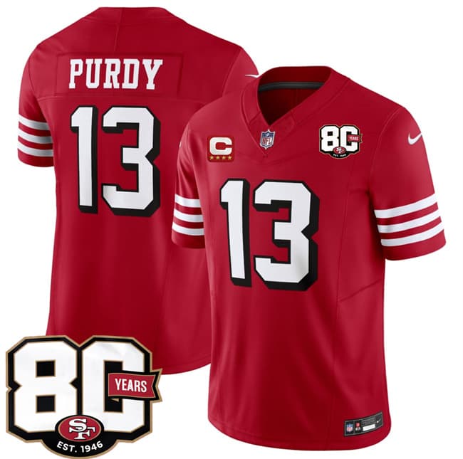 San Francisco 49ers #13 Brock Purdy New Red 2026 F.U.S.E. With 80th Anniversary & 4-Star C Patch Vapor Untouchable Limited Football Stitched Jersey San Francisco 49ers #13 Brock Purdy New Red 2026 F.U.S.E. With 80th Anniversary & 4-Star C Patch Vapor Untouchable Limited Football Stitched Jersey