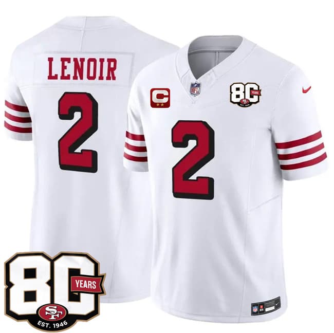 San Francisco 49ers #2 Deommodore Lenoir New White 2026 F.U.S.E. With 80th Anniversary & 2-Star C Patch Vapor Untouchable Limited Stitched Football Jersey San Francisco 49ers #2 Deommodore Lenoir New White 2026 F.U.S.E. With 80th Anniversary & 2-Star C Patch Vapor Untouchable Limited Stitched Football Jersey