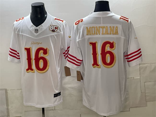 San Francisco 49ers #16 Joe Montana White Gold 80th Anniversary Patch 'Rivalries' 2026 F.U.S.E. Vapor Untouchabl Limited Football Stitched Jersey