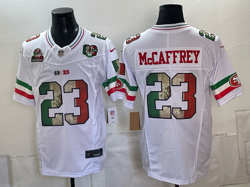 San Francisco 49ers #23 Christian McCaffrey White Mexico 80th Anniversary Five Time Super Bowl Champions Patch 2026 F.U.S.E. Vapor Untouchable Limited Stitched Football Jersey San Francisco 49ers #23 Christian McCaffrey White Mexico 80th Anniversary Five Time Super Bowl Champions Patch 2026 F.U.S.E. Vapor Untouchable Limited Stitched Football Jersey