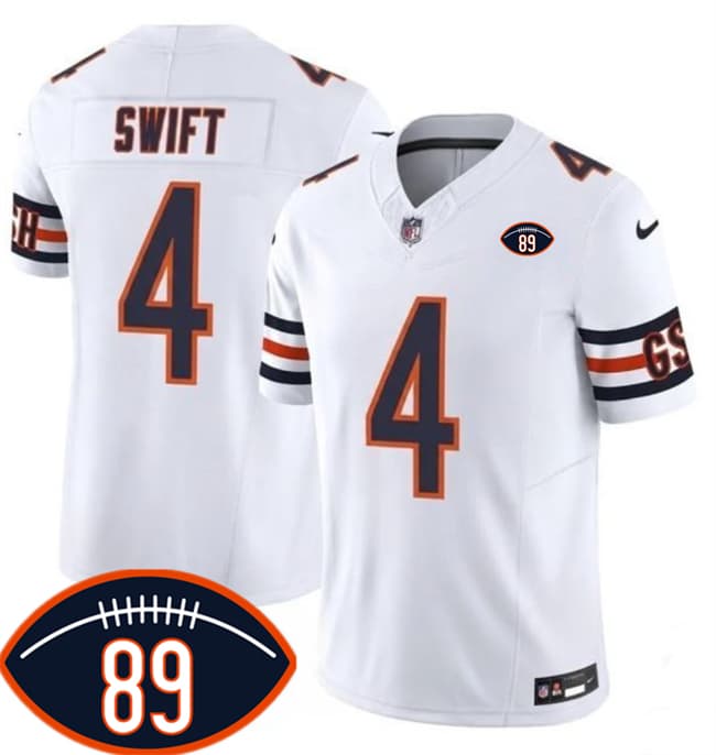 Chicago Bears #4 D'Andre Swift White 2026 F.U.S.E. With Mike Ditka 89 Patch Vapor Untouchable Limited Football Stitched Jersey Chicago Bears #4 D'Andre Swift White 2026 F.U.S.E. With Mike Ditka 89 Patch Vapor Untouchable Limited Football Stitched Jersey