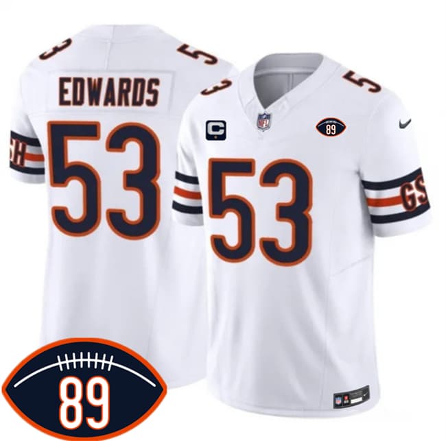 Chicago Bears #53 T.J. Edwards White 2026 With Mike Ditka 89 Patch And 1-Star C Patch Vapor Untouchable Limited Football Stitched Jersey Chicago Bears #53 T.J. Edwards White 2026 With Mike Ditka 89 Patch And 1-Star C Patch Vapor Untouchable Limited Football Stitched Jersey