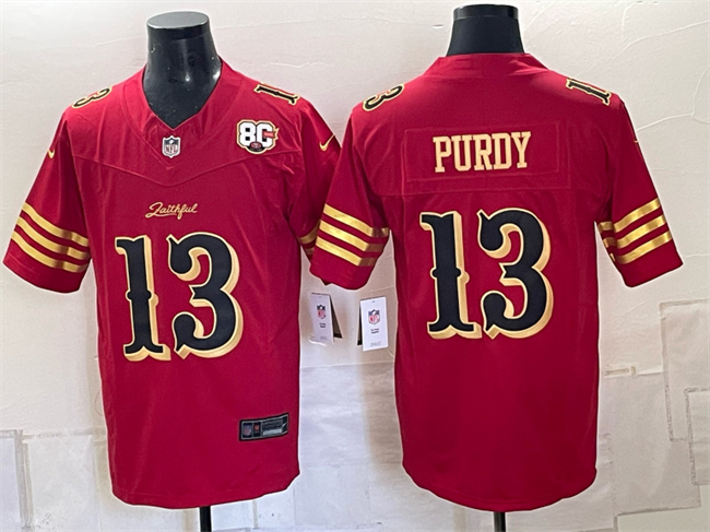 San Francisco 49ers #13 Brock Purdy Red Gold 80th Anniversary Patch ??Rivalries?? 2026 F.U.S.E. Vapor Untouchable Limited Football Stitched Jersey