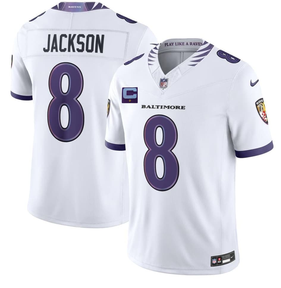 Baltimore Ravens #8 Lamar Jackson White 2026 With 1-Star C Patch F.U.S.E. Vapor Limited Football Stitched Jersey