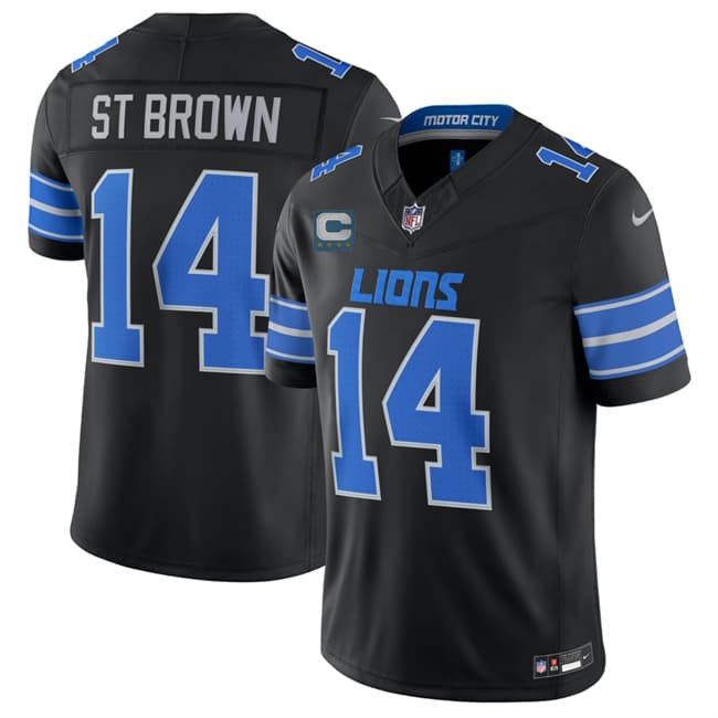 Detroit Lions #14 Amon-Ra St. Brown Black 2026 With 4-Star C Patch F.U.S.E. Vapor Limited Football Stitched Jersey Detroit Lions #14 Amon-Ra St. Brown Black 2026 With 4-Star C Patch F.U.S.E. Vapor Limited Football Stitched Jersey